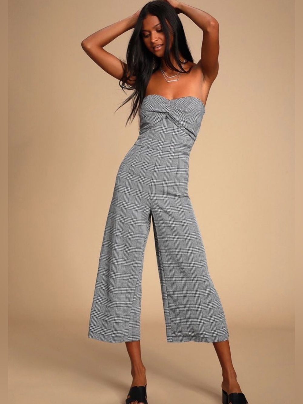 Lulu’s Black Gingham Twist-Front Culotte Jumpsuit NWT